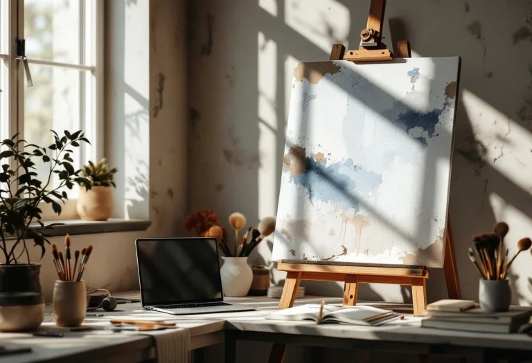 Un chevalet et un ordinateur portable illustrant la place de l'ia dans les métiers créatifs