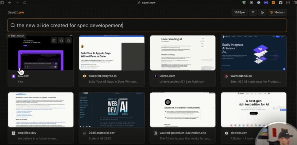 Interface SaveIt.now montrant la recherche IA avancée et l'organisation automatique des signets