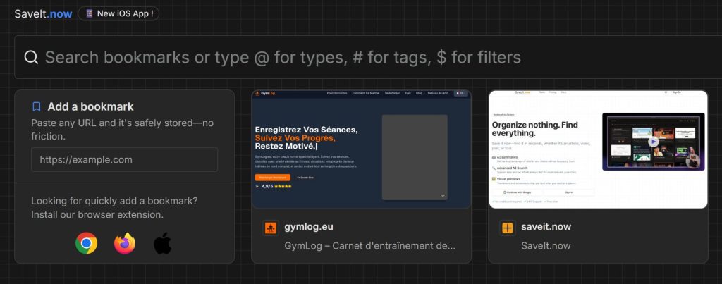 Interface de SaveIt.now le Gestionnaire de Signets IA. Exemple d'ajout de bookmark