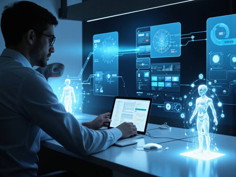 Guide complet sur l'automatisation IA en 2025 avec des humains collaborant avec des intelligences artificielles dans un bureau moderne.