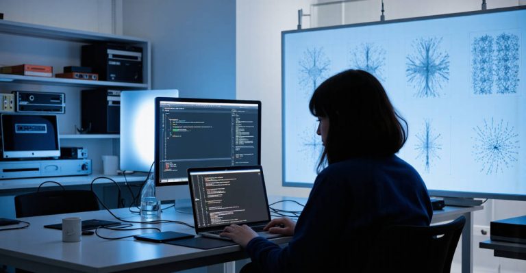 Étudiant travaillant sur un projet de BTS IA avec du code et des schémas de réseaux de neurones