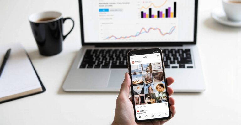 Smartphone sur un bureau montrant un carrousel Instagram optimisé avec des graphiques de performance en arrière-plan
