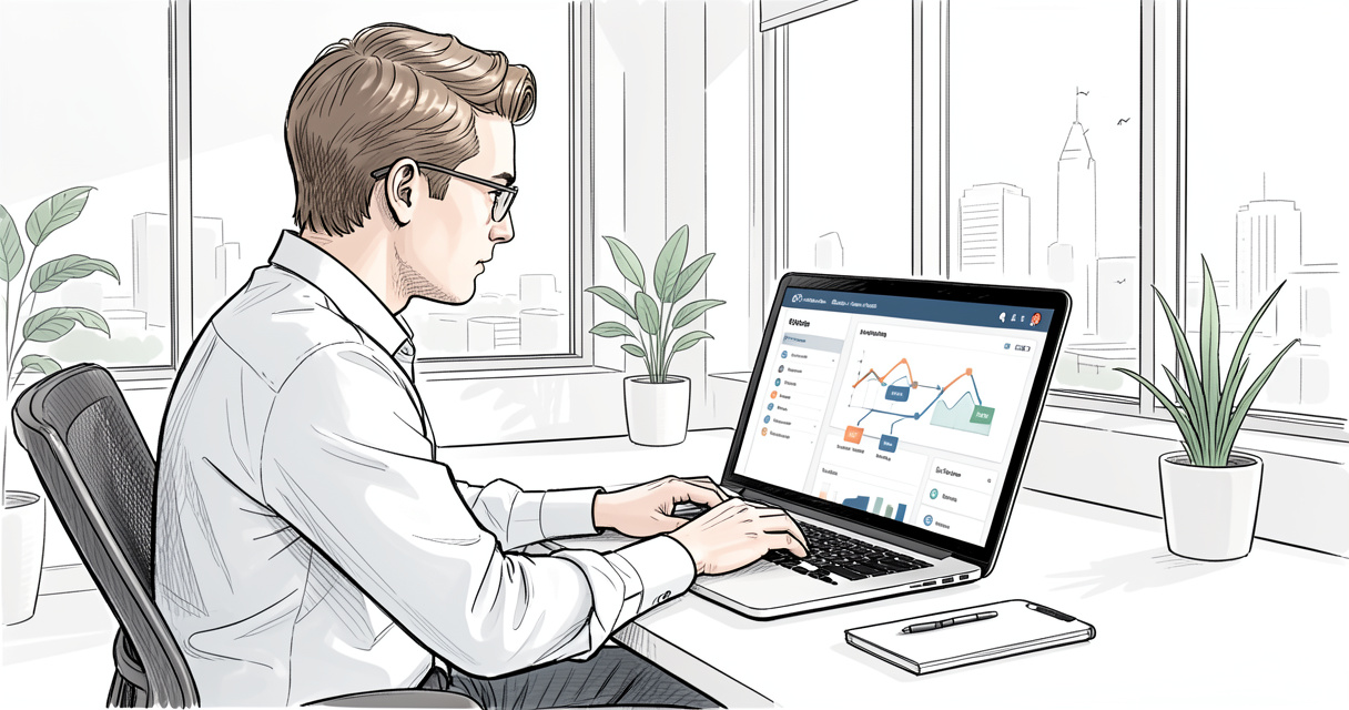 Personne utilisant un logiciel d'automatisation no-code sur un ordinateur portable dans un bureau moderne