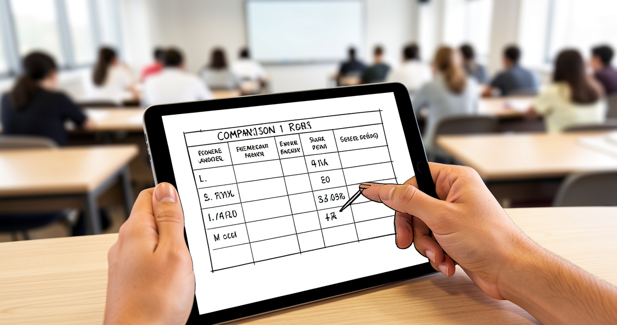 Tableau comparatif de formations automatisation no-code affiché sur une tablette tactile