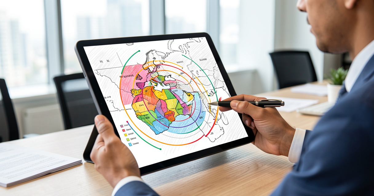 Analyste consultant utilisant Smappen pour analyser une zone de chalandise avec isochrones sur tablette