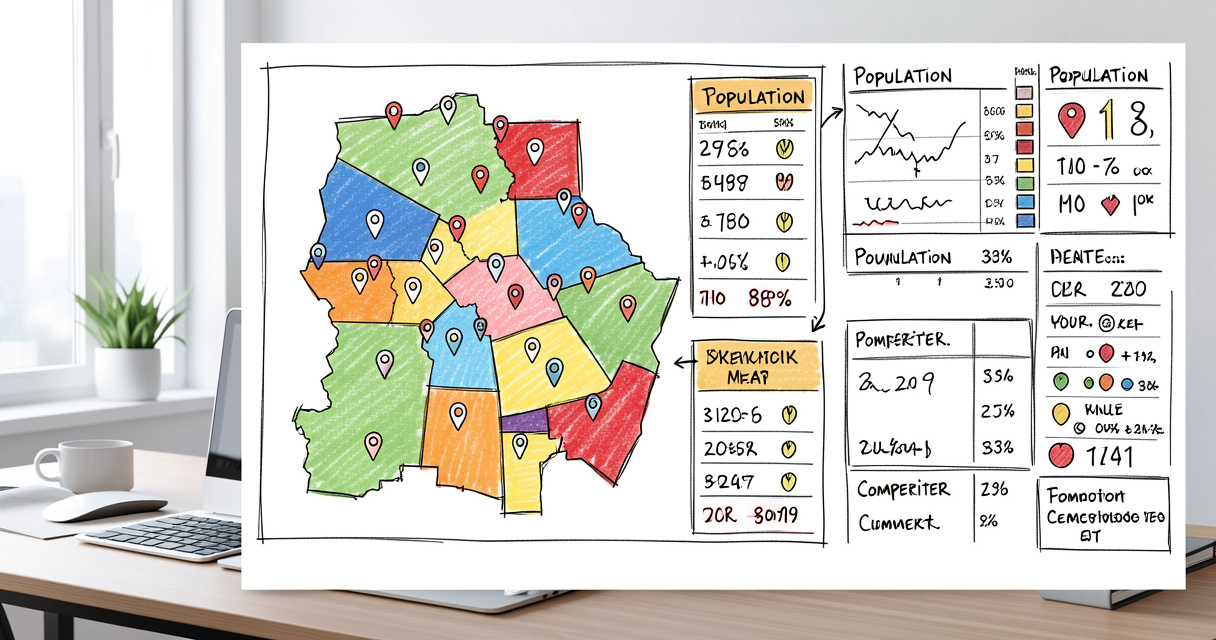 Carte de territoires franchisés colorée avec données démographiques et concurrentielles sur Smappen