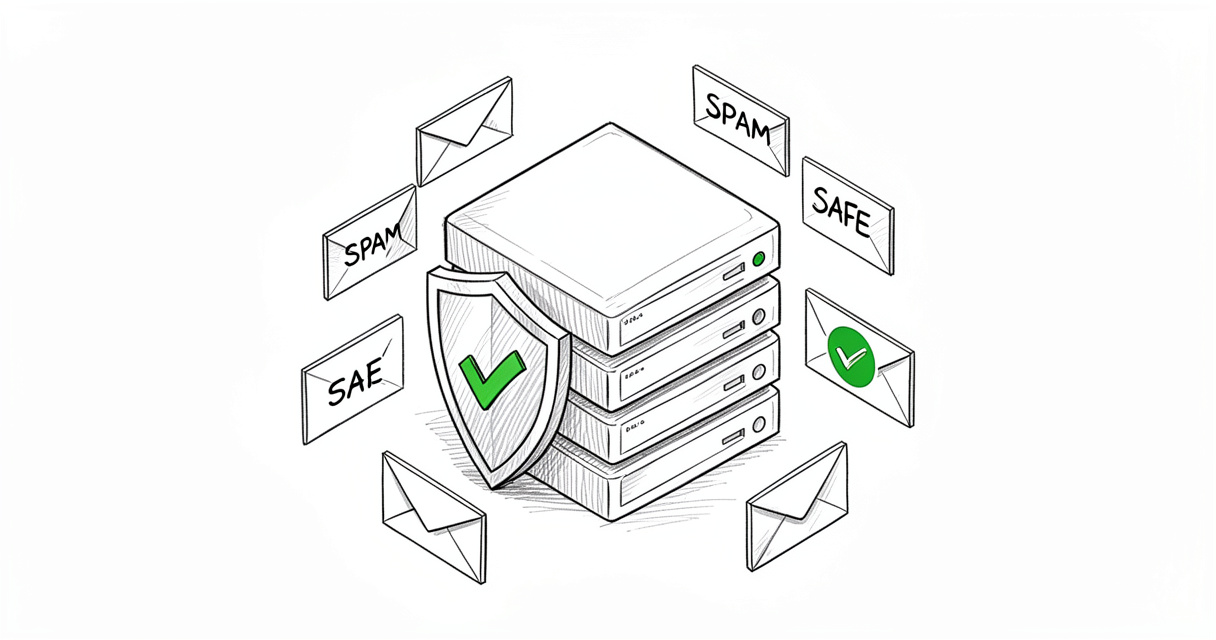 Illustration d'un serveur email protégé par un bouclier avec des enveloppes triées entre spam et messages légitimes