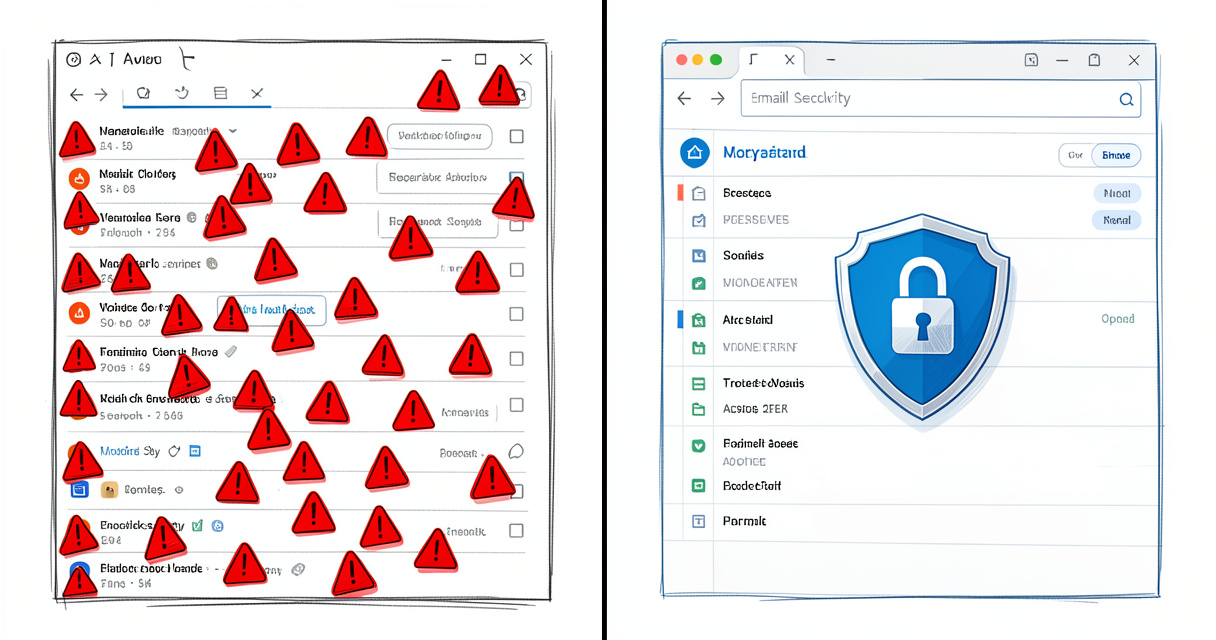 Comparaison visuelle d'une boîte mail non sécurisée avec menace de phishing et d'une boîte sécurisée par une solution de