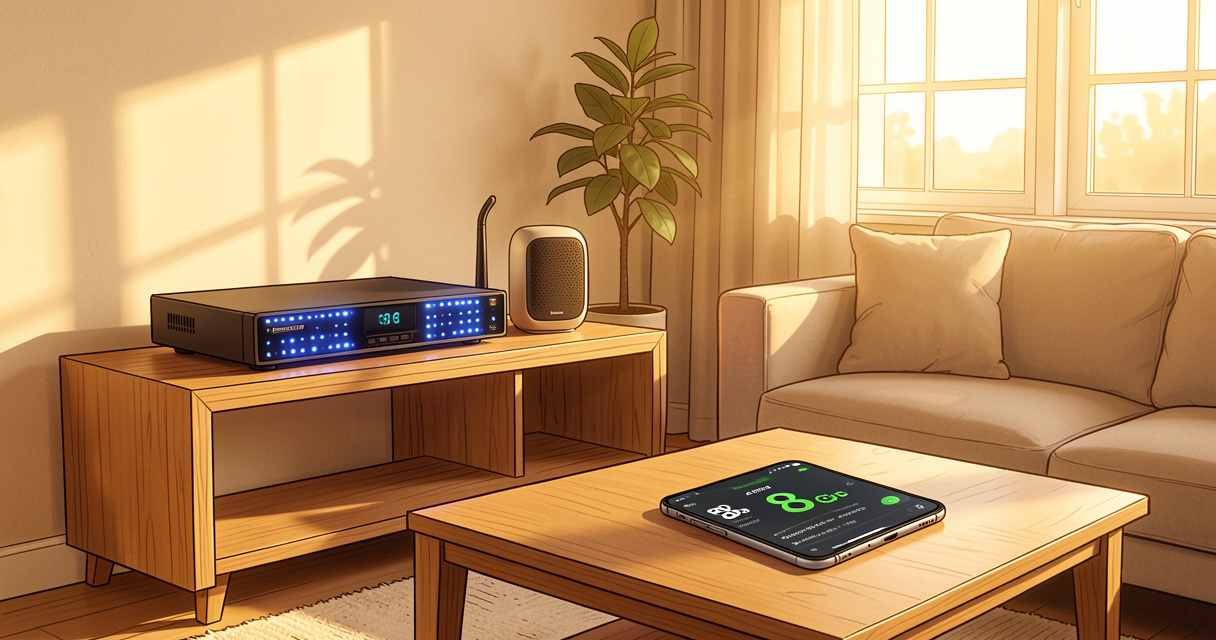 Freebox Ultra et répéteur Wi-Fi 7 dans un salon moderne avec test de débit sur smartphone, performance fibre 8 Gbit/s