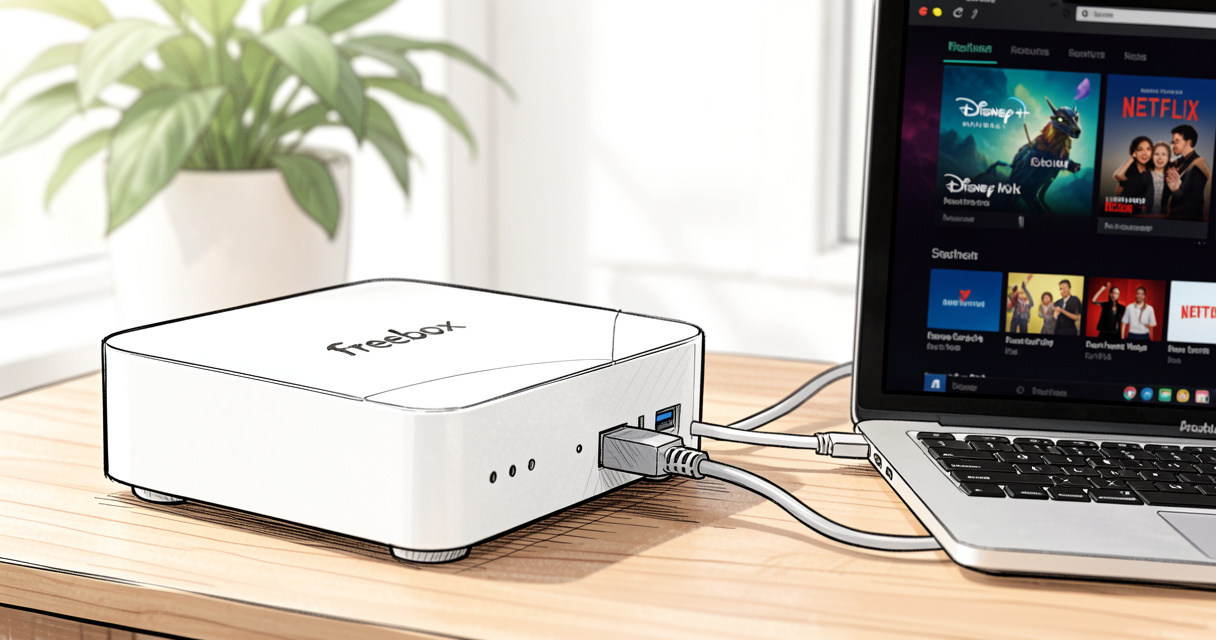 Serveur Freebox Ultra connecté à un ordinateur portable avec écran affichant Disney+, utilisation quotidienne