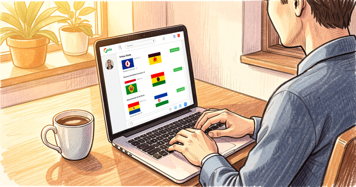 Personne utilisant un ordinateur portable pour chatter sur EuropNet avec des drapeaux européens en arrière-plan