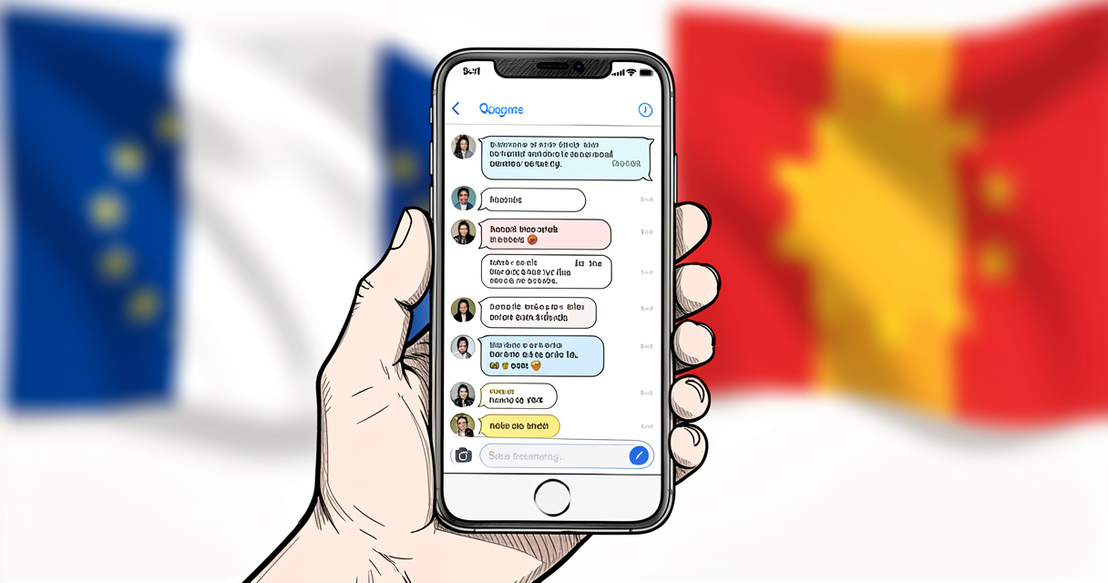 Smartphone affichant l'application de chat EuropNet, filtre chat sans inscription et salons de discussion