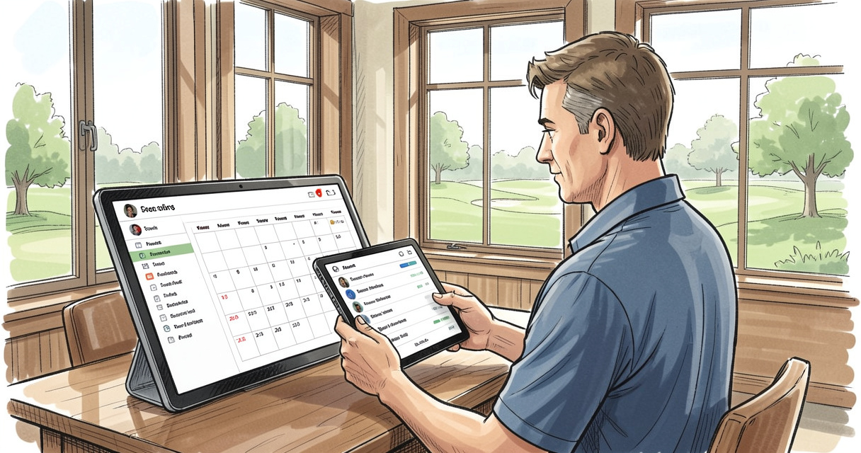 Directeur de golf utilisant Nexxchange sur tablette pour gérer les réservations