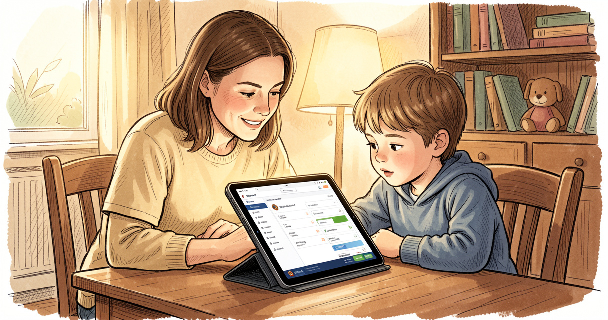 Parent et enfant consultant le suivi scolaire sur une tablette à la maison, illustration de l'usage de Scolinfo