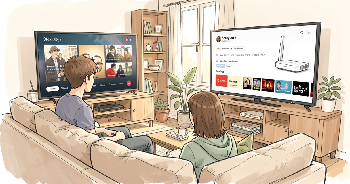 Couple regardant la télévision avec la box Bouygues Bbox en arrière-plan dans un salon moderne