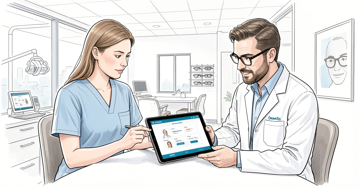 opticien et dentiste utilisant Oxantis sur une tablette numérique