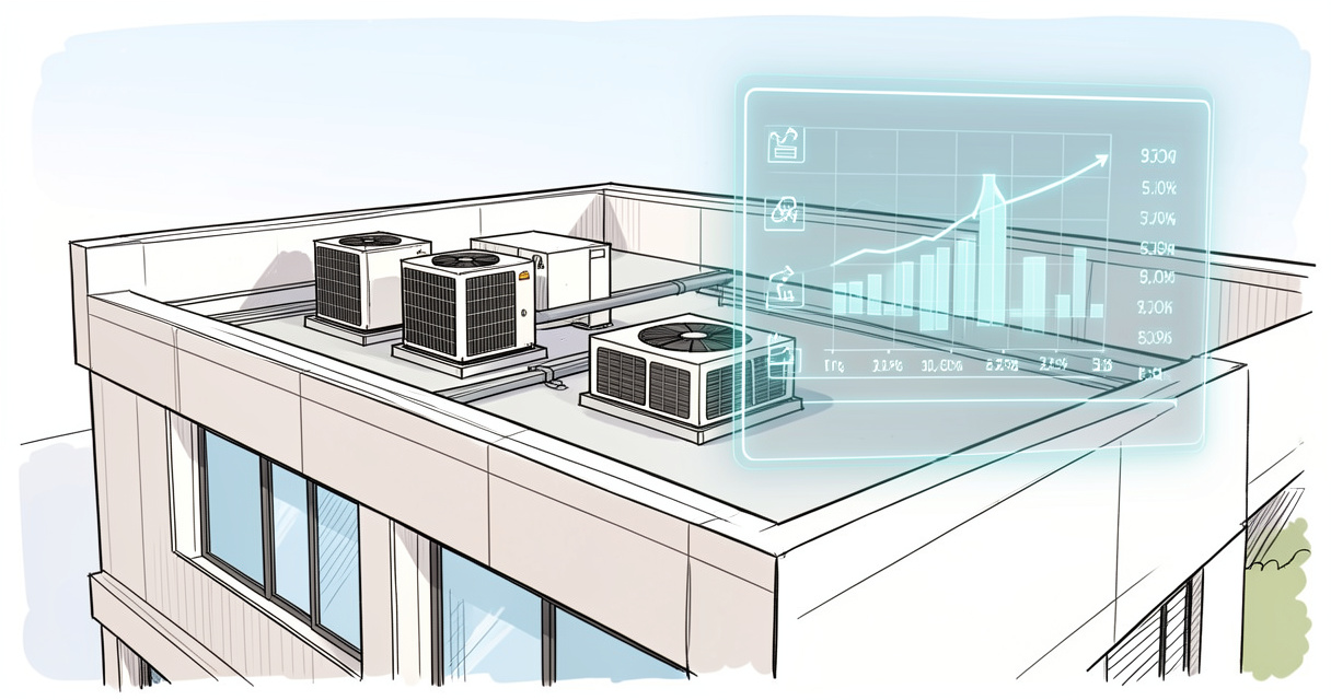 Bâtiment tertiaire moderne avec optimisation énergétique A-GRID, affichage numérique des données de consommation