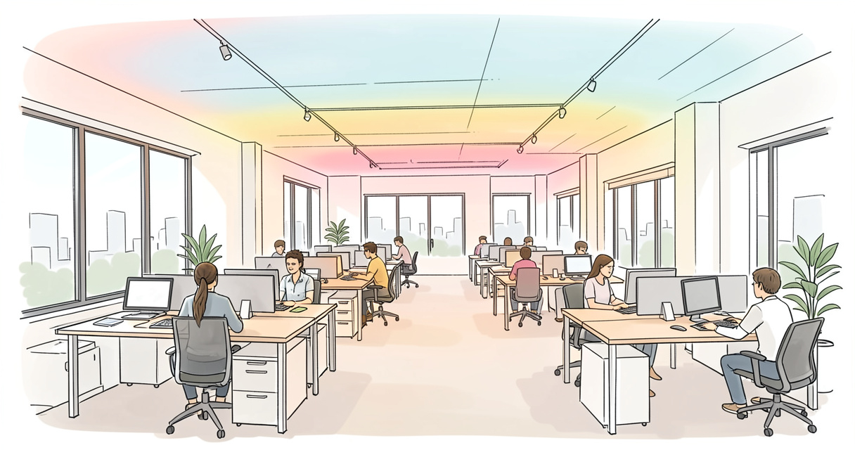Intérieur de bureau climatisé avec zones de température gérées par l'intelligence artificielle A-GRID