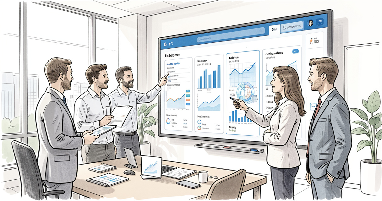 Équipe marketing analysant des données IA sur un tableau de bord numérique en open space