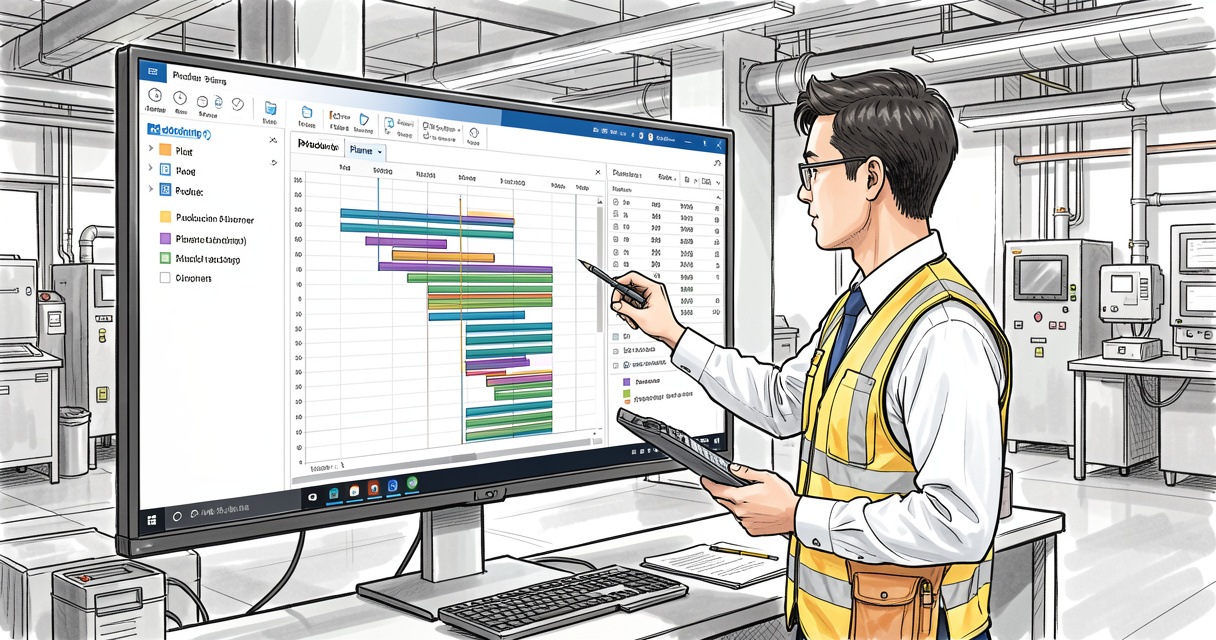 Logiciel APS affiché sur un écran d’ordinateur dans une usine moderne avec diagrammes de planification