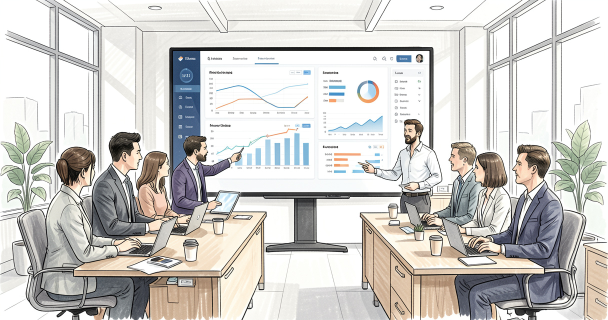 Équipe marketing analysant des données IA sur un écran lors d'une formation
