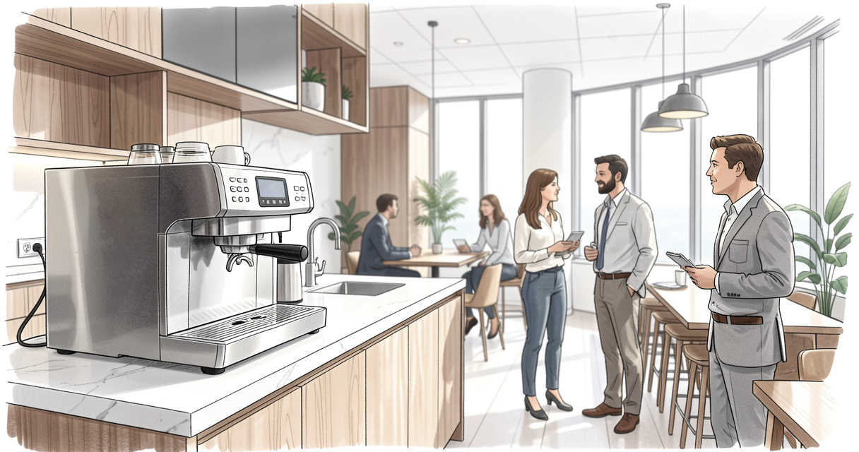 Espace pause moderne avec machine à café professionnelle à grain pour entreprise, employés discutant