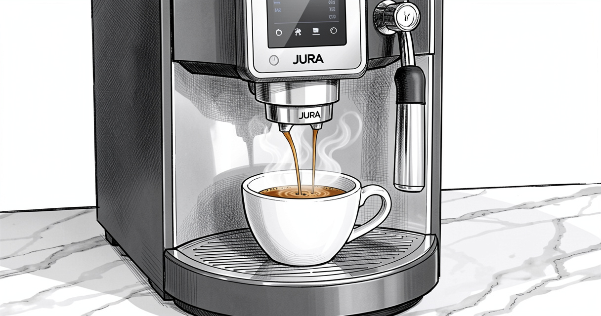 Machine à café professionnelle Jura X8C en action, expresso fraîchement préparé dans un bureau
