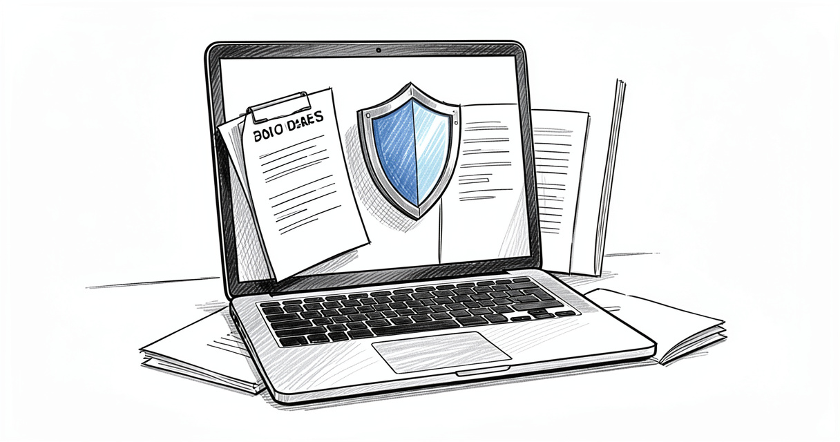 Ordinateur portable avec icône de bouclier et documents juridiques symbolisant les risques de téléchargement illégal