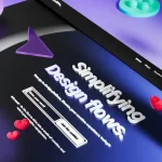 Rendu 3D d'une interface web avec des personnages et objets en volume flottant sur fond violet