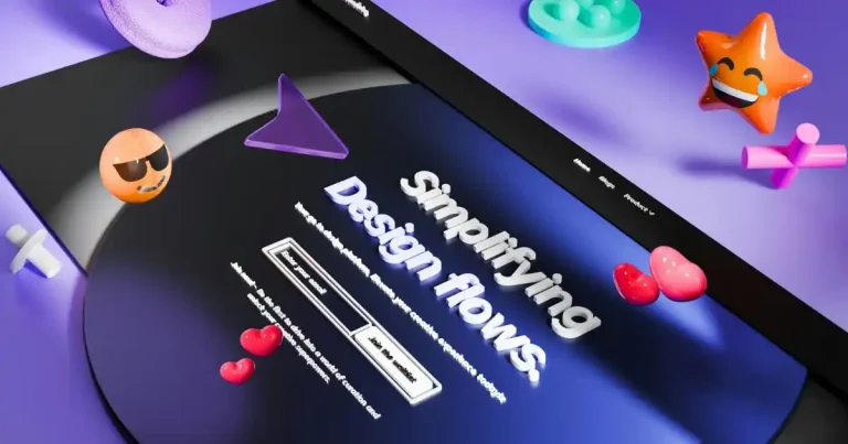 Rendu 3D d'une interface web avec des personnages et objets en volume flottant sur fond violet