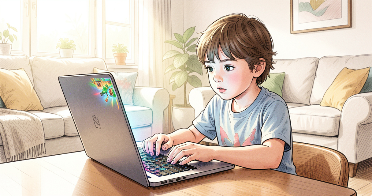 Enfant jouant aux meilleurs jeux Snokido sur ordinateur portable dans un salon