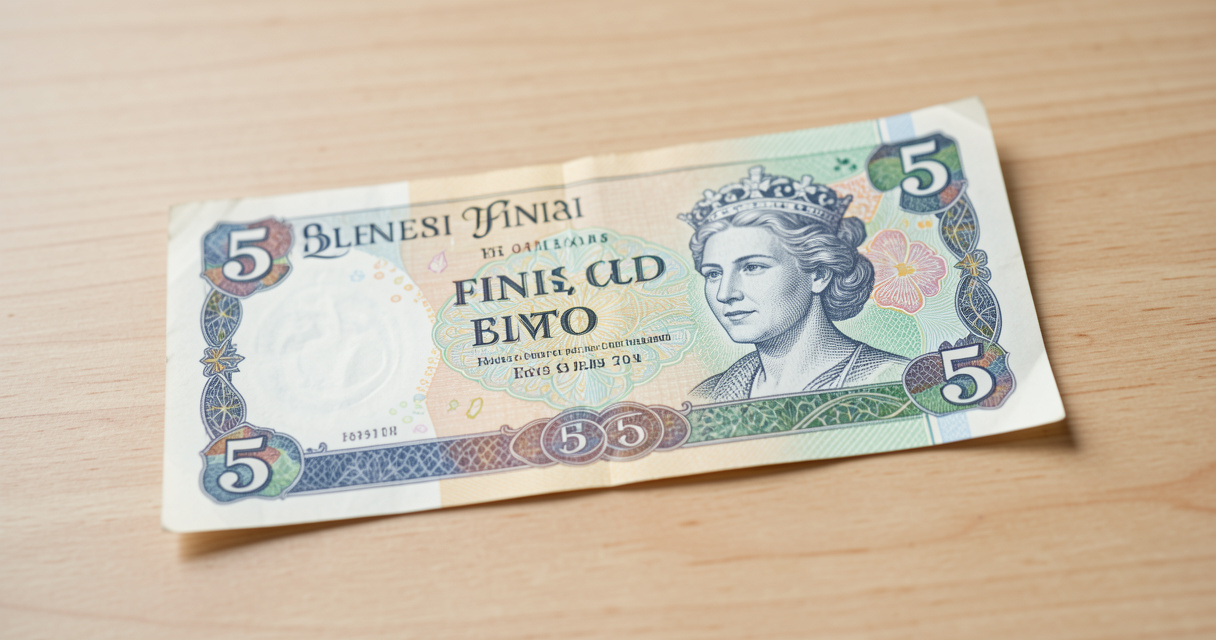 Fiver en Angleterre, billet de cinq livres sterling en gros plan sur fond bois