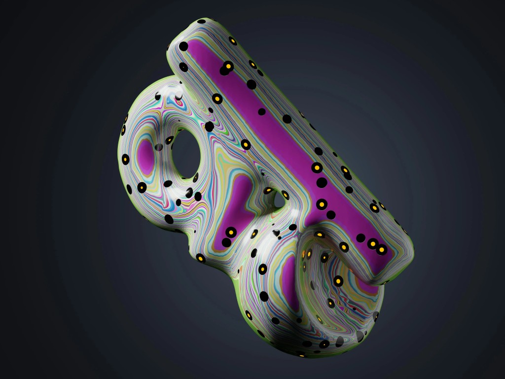 Objet 3D sculptural aux couleurs vives illustrant un rendu volumétrique moderne
