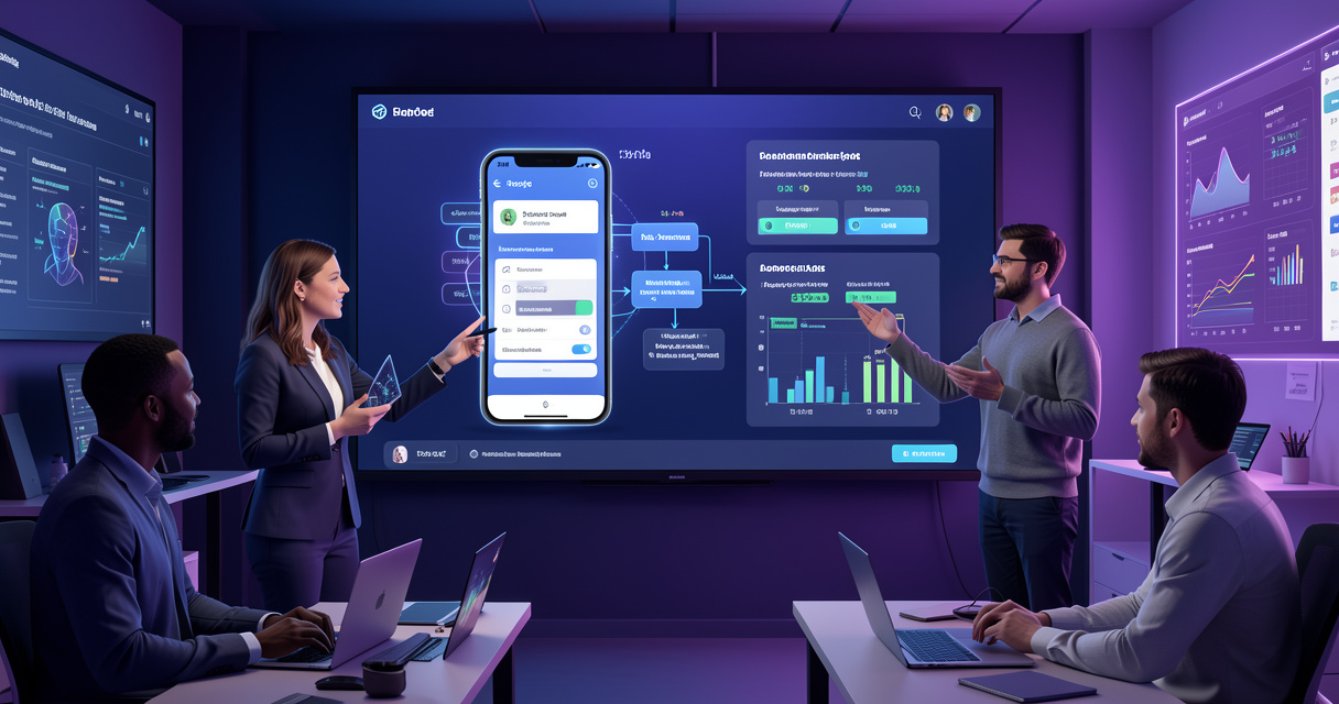 Équipe comparant une application mobile no-code assistée par IA