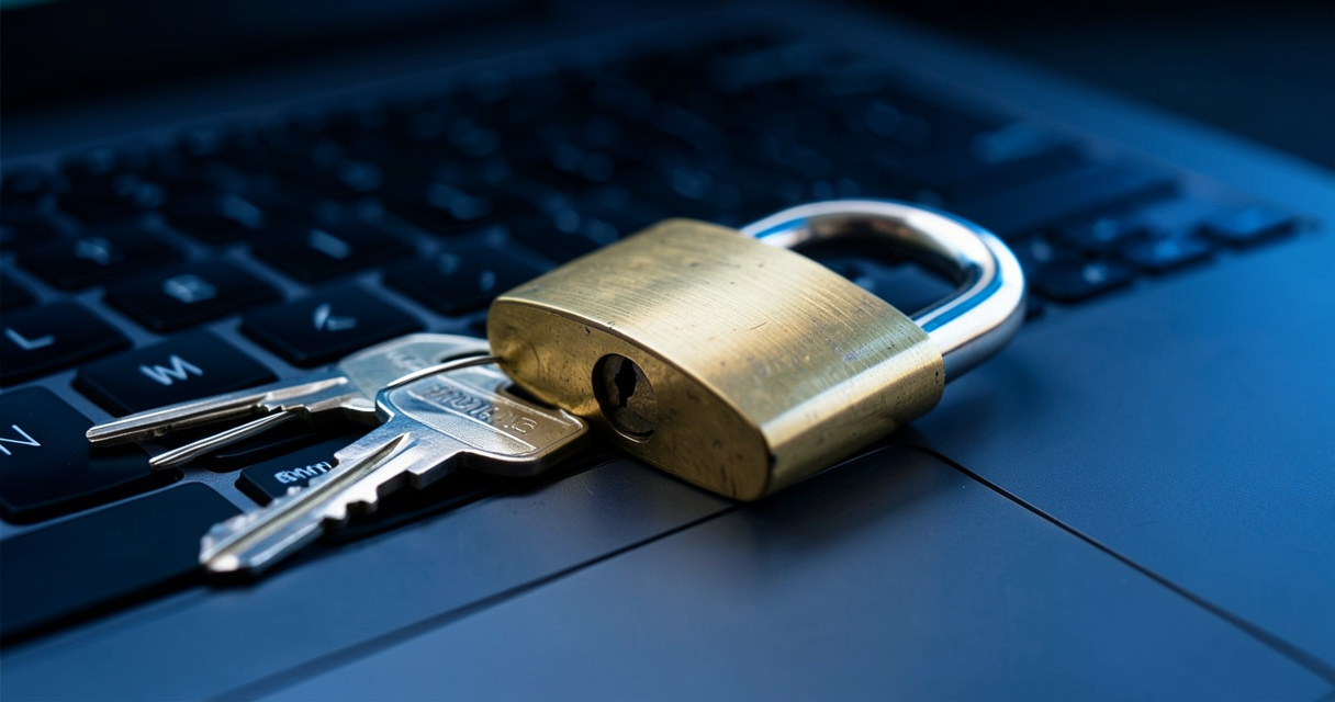 Cadenas doré sur clavier d'ordinateur, symbole de la sécurité Proton Mail